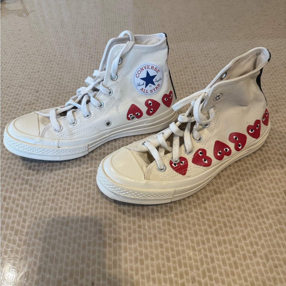 Converse x Comme Des Garçon ivory High-Tops with Red Heart Pattern size 5